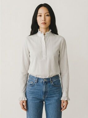 Nili Lotan 100% Silk Stripe Ruffle Long Sleeve Blouse XS High Neck Romantic Top